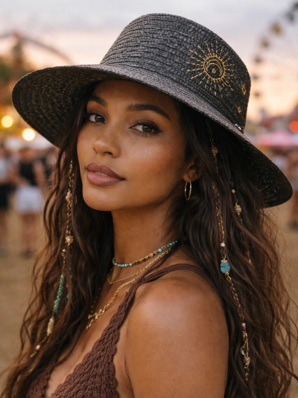 Shyanne Black Straw Fedora Hat Sun Moon Stars Embroidered NWT